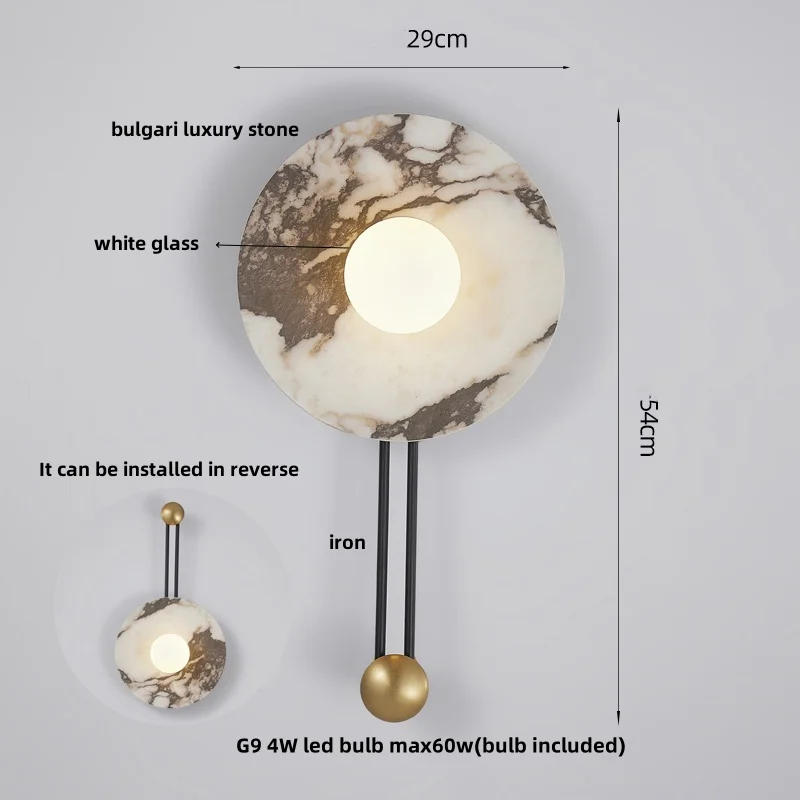 Modern Light Luxury Black Iron LED Wall Lamp Hallway Living Dining Room Decor Round Bulgari Marble White Glass Stair Light