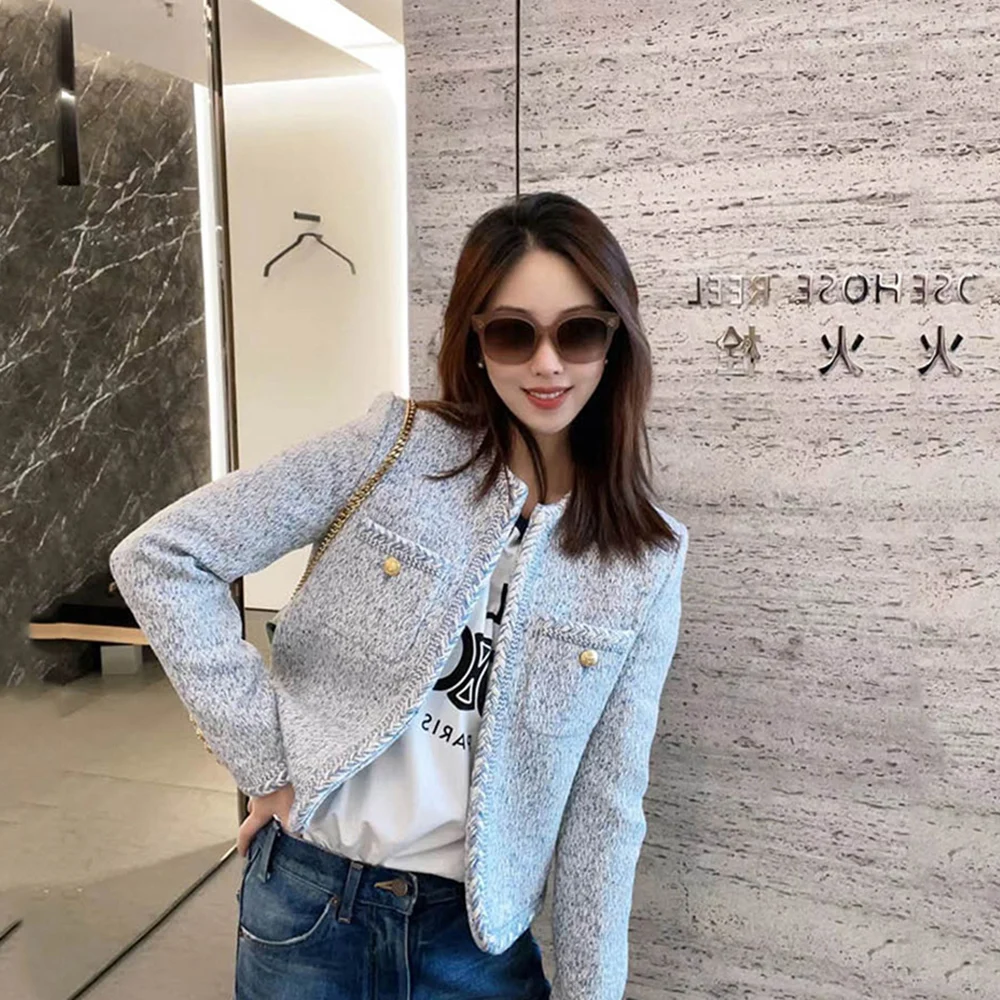 

French Elegant Women Tweed Jacket Fashion Buttons Faux Wool High Quality Coat Fashion New Long Sleeve Casual Female Outerwear