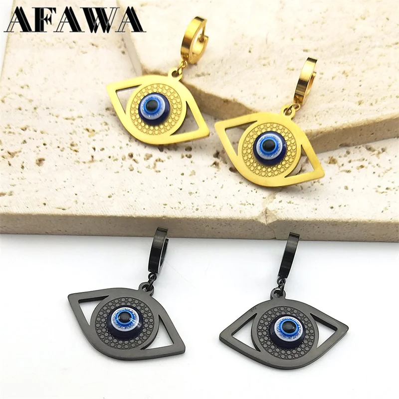 Turkey Evil Bule Eye Hoop Earrings for Women Stainless Steel Gold Color Lucky Greek Eyes Earring Turkish Jewelry E1138S02