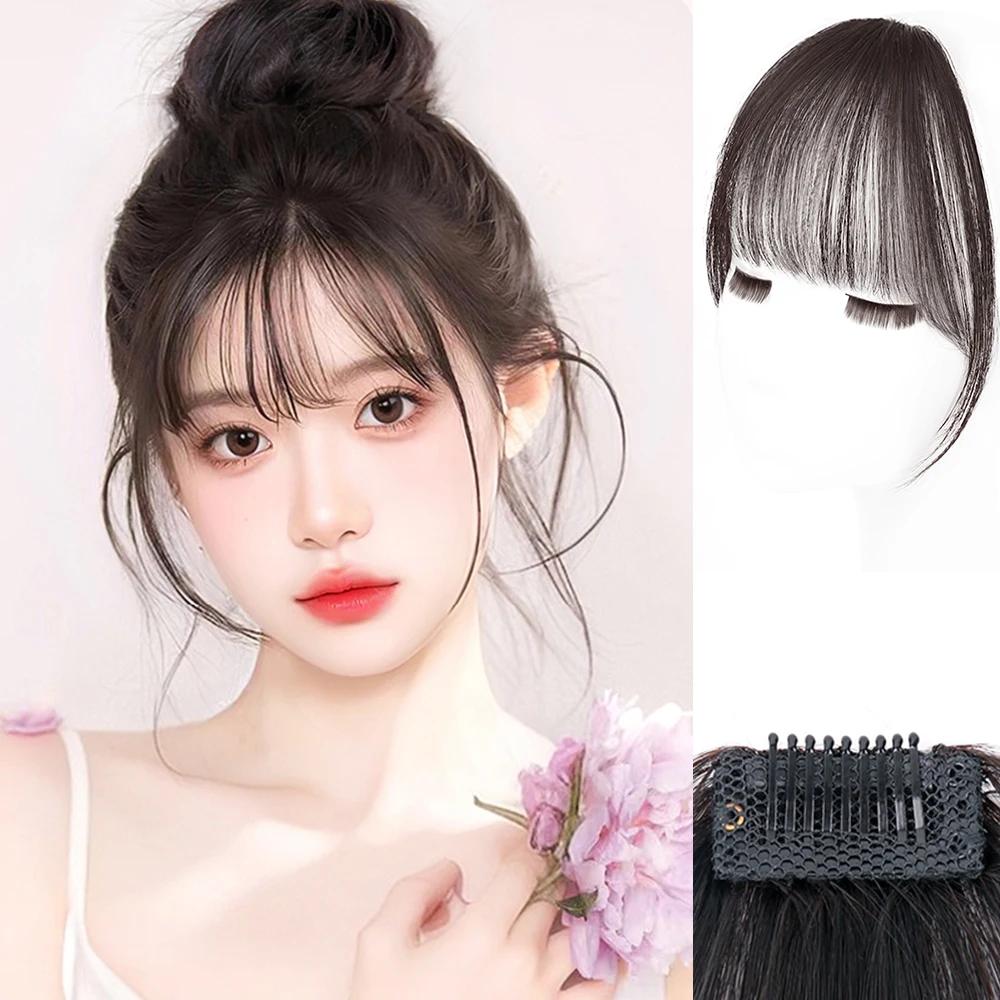 100% Human Hair Bangs Natural Brown Wispy Bang Hair Clip in Bangs Fringe with Temples Hairpiece for Women Clip on Air Bang