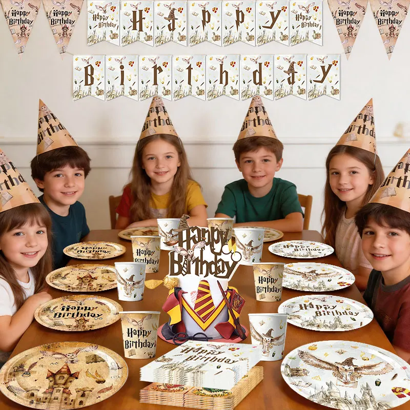 Décorations de fête d'anniversaire sur le thème de l'école de magie, ensemble de vaisselle jetable, assiettes, gobelets, serviettes, toile de fond, ballons, fournitures de fête, cadeau