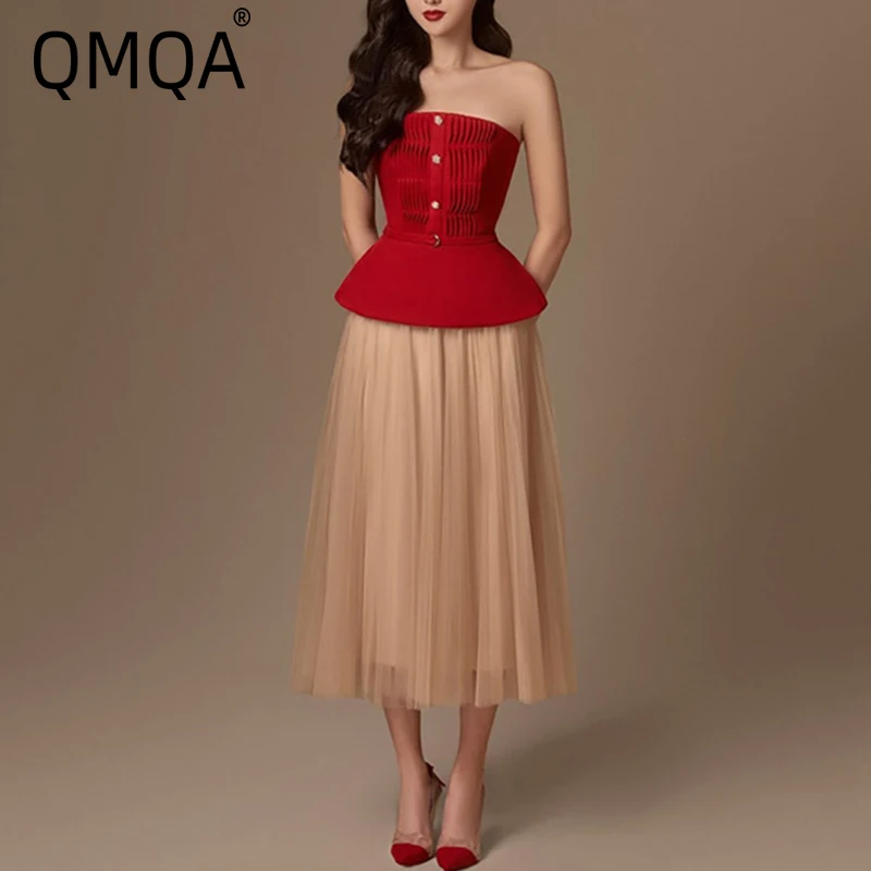 QMQA Fashion Women's Elegant 2 Pcs Set Diamonds Buttons Strapless Tops Pleated Elastic Waist Mesh Skirt Sets 2025 New 1A602