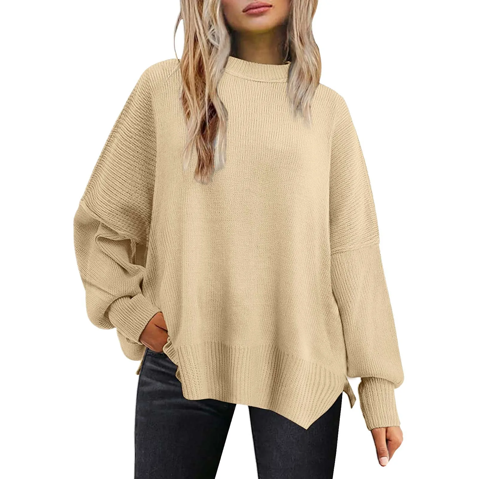 

European American Round Neck Bat Wing Long Sleeved Sweater For Women Autumn Winter New Knitted Side Slit Pullover Fashion Tops