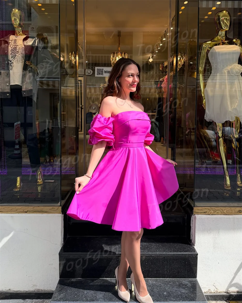 Toofgon Fuchsia Short Evening Dresses Elegant Satin A Line Formal Party Gowns Customized Women Knee Length Homecoming Dress