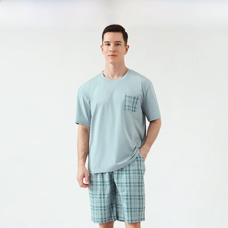 men's-summer-lightweight-pure-cotton-sleepwear-casual-round-neck-short-sleeve-five-quarter-pants-set-comfortable-breathable-l