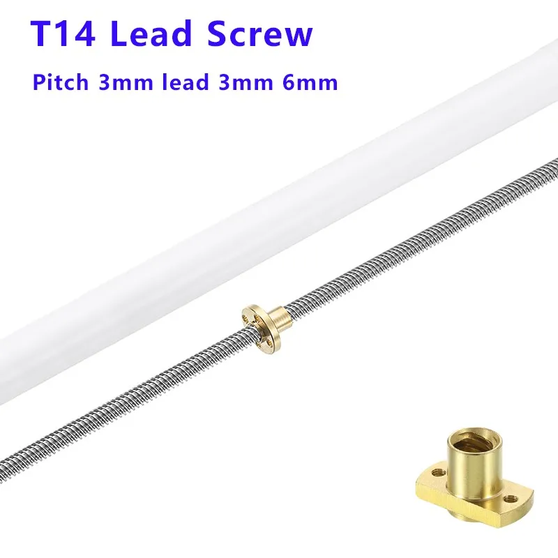 T14 Lead Screw Stainless Steel Trapezoidal Rod Diameter 14mm pitch 3mm lead 3mm 6mm with Brass Nut for 3D printer CNC Parts