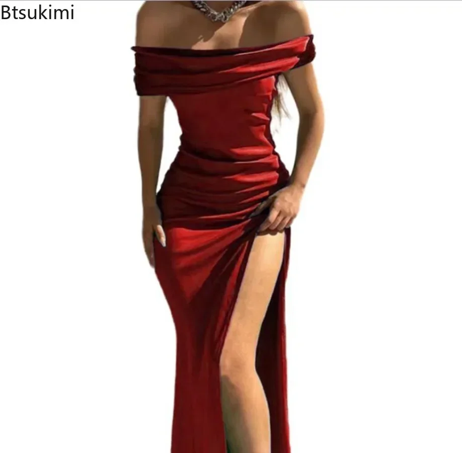 2024Ladies Elegant Party Dresses Solid Slash Neck Side High Slit Long Dresses Female Formal Satin Ruffle Ankle-Length Prom Dress