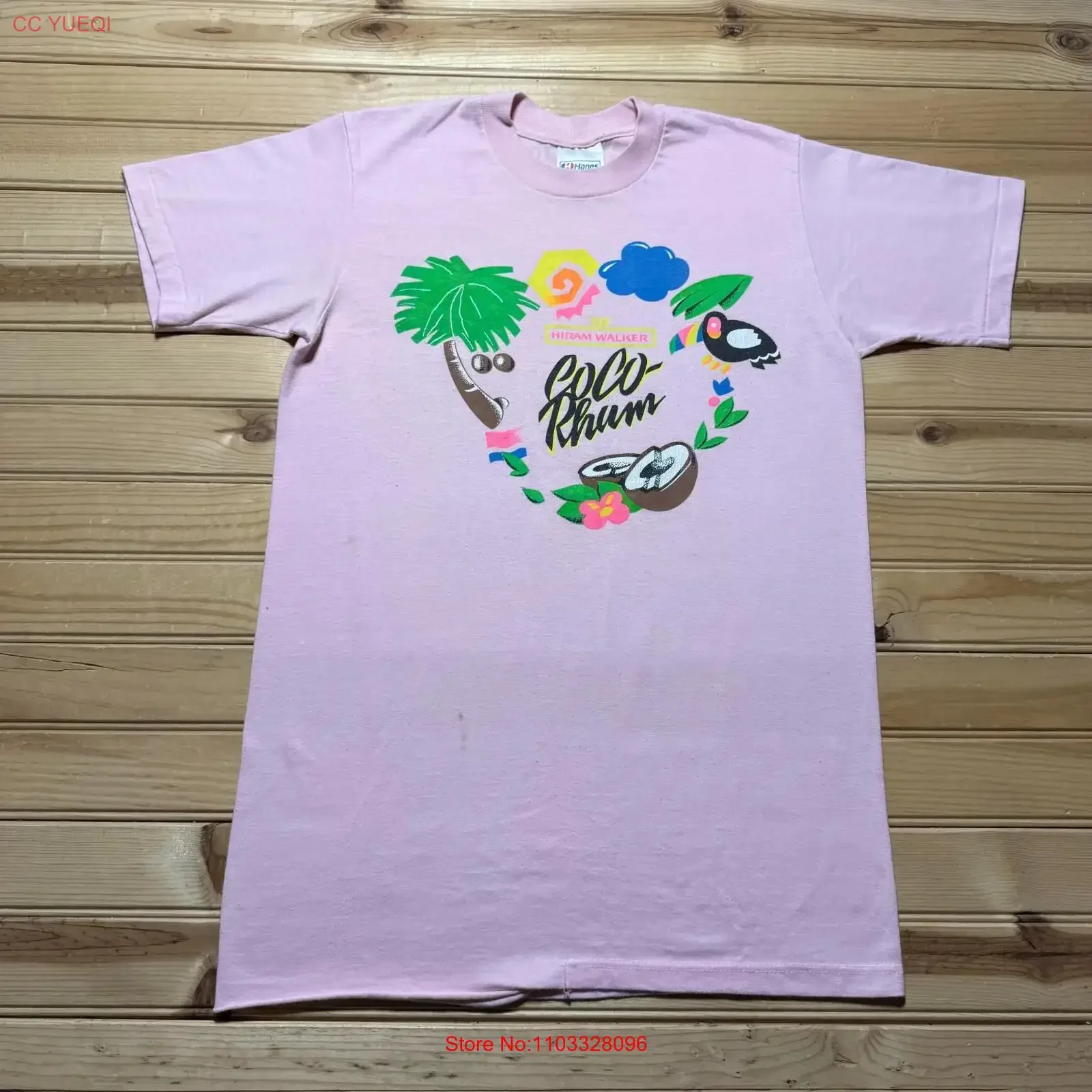 Camiseta Vintage de los 80s Hiram Walker Coco Rhum Coconut Toucan Tropical, Talla Mediana, Estilo Vintage Lavado, Transpirable, Unisex