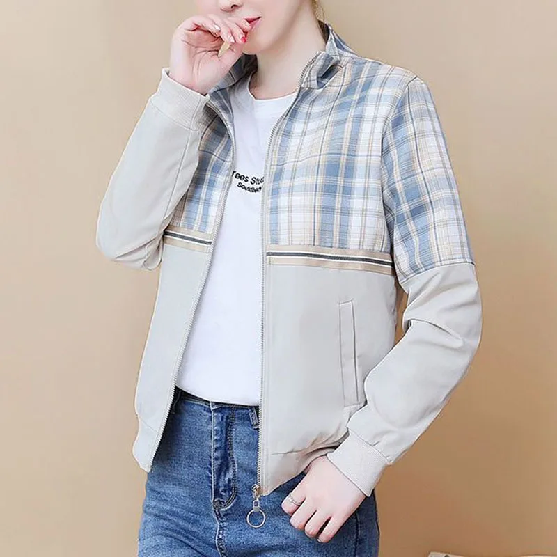 New Spring and Autumn Fashion Korean Edition Spliced Checkered Standing Collar Versatile Casual Simple Women\'s Jacket Coat