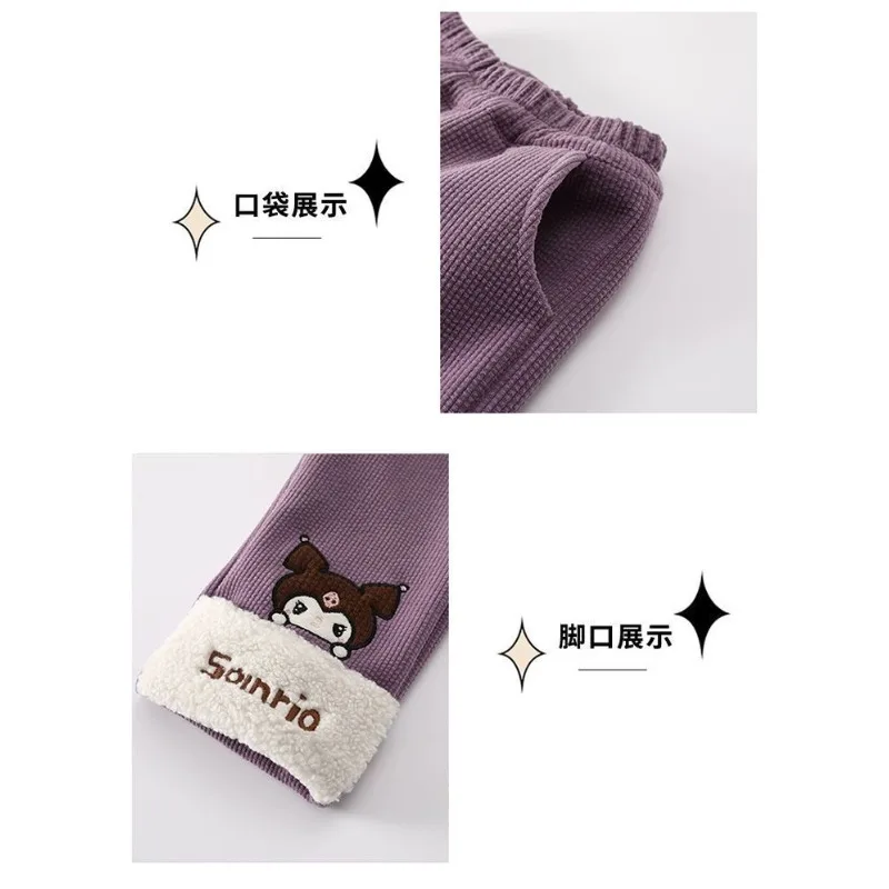귀여운 Sanrio Kuromi Girls 새로운 달콤한 크리 에이 티브 만화 패턴 캐주얼 패션 두꺼운 따뜻한 부드러운 피부 친화적 인 중반 바지
