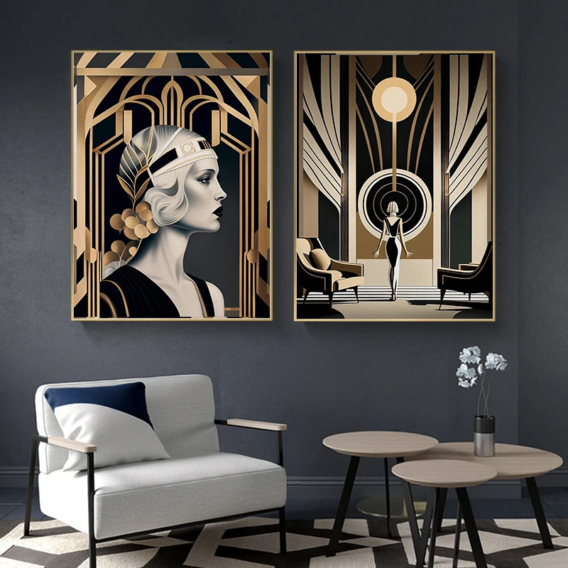 1920s Retro Art Deco Style Great Gatsby Party Poster Abstract Wall Pictures Canvas Painting Vintage Home Hotel Interior Decor