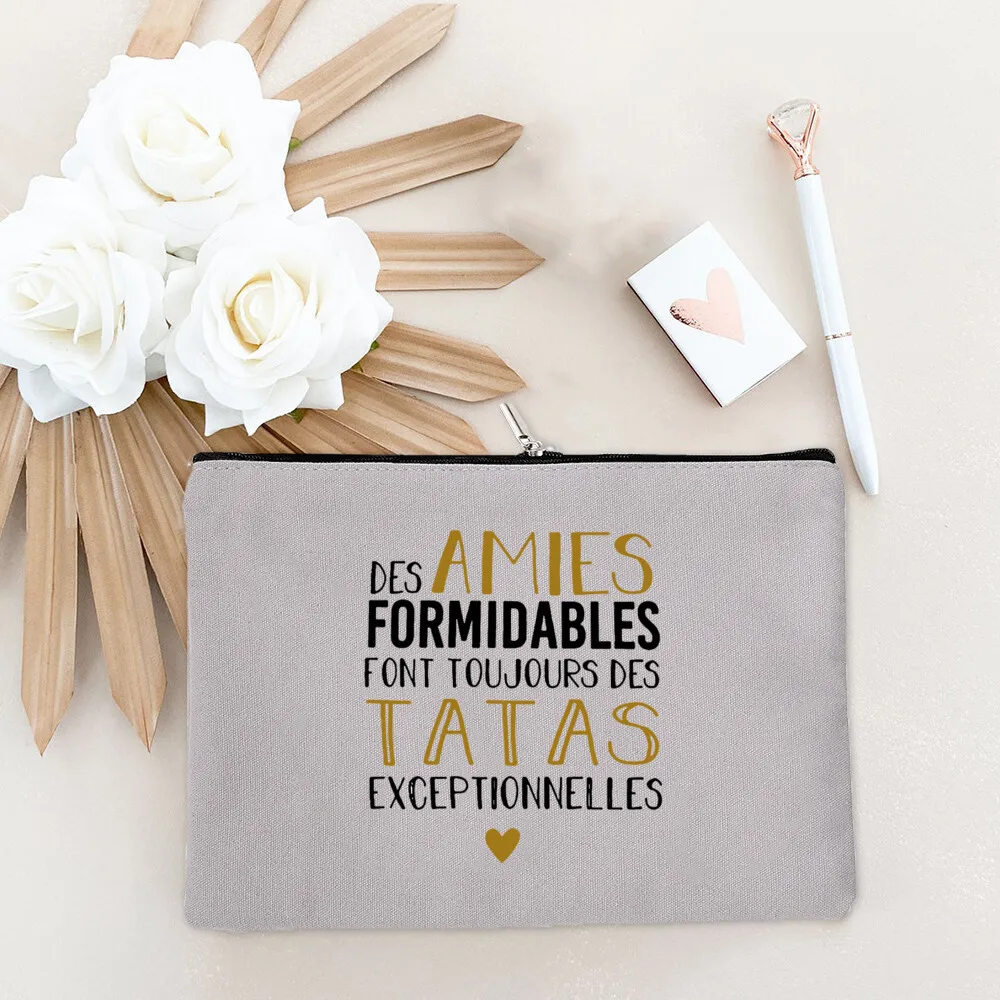 Trousse de maquillage imprimée en français, ajustable, pochette de toilette en poudre, fermeture éclair, cadeau idéal pour annonce de grossesse