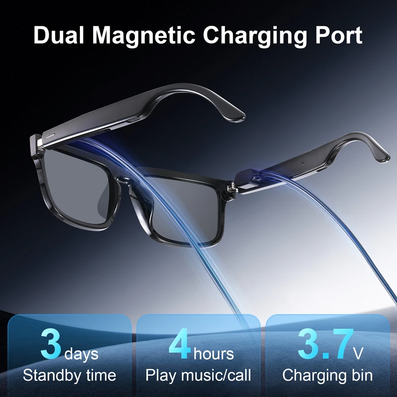 Smart Bluetooth Audio Glasses Stylish HD Speakers & Mic for Wireless Music & Calls UV400 Sunglasses with Magnetic Charging Case