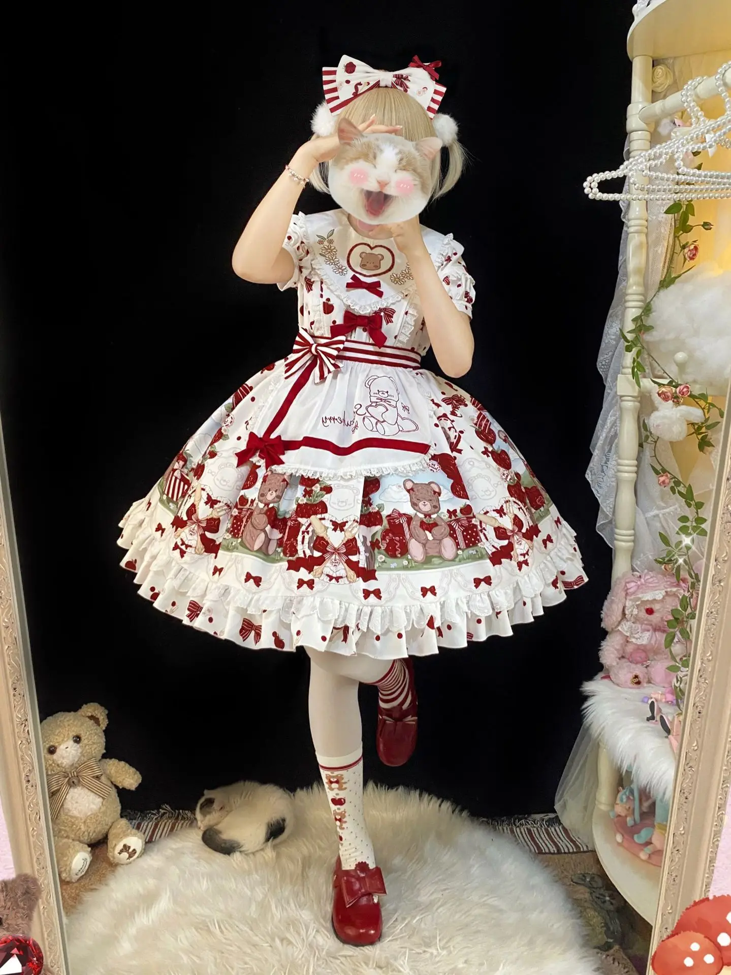 Japanese Sweet Girl Lolita Dress Embroidered Bow Round Neck Puff Sleeve High Waist Slim Fit A-line Cute Print Short Dress Women