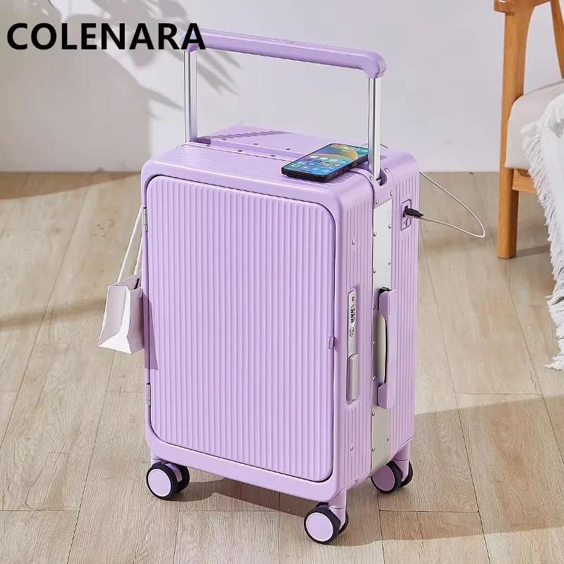 COLENARA, equipaje con carga USB, funda de embarque con marco de aluminio de 20 pulgadas, cubierta de carrito para ordenador portátil con apertura frontal de 25 ", Maleta de viaje para mujer