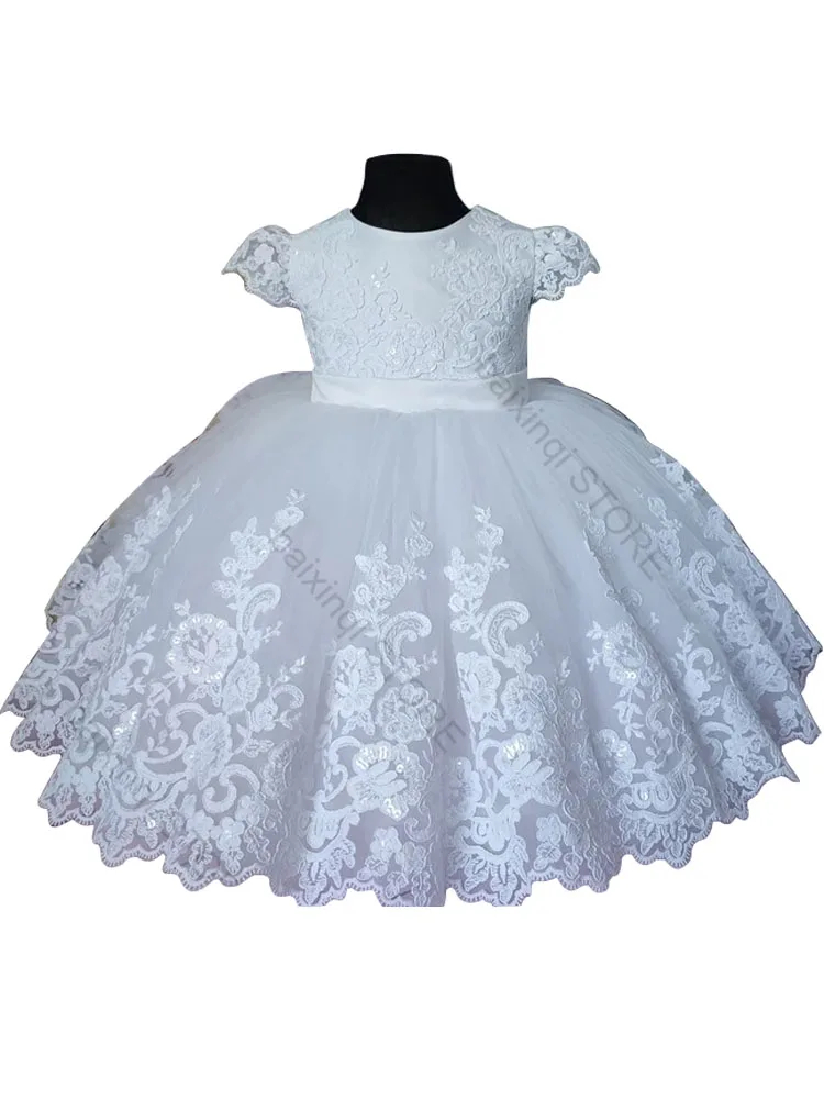 

White Girls Elegant Dresses Fluffy Appliques Short Skirt Formal Occasion Girl Birthday Tulle Appliques Lace Prom Party Gown