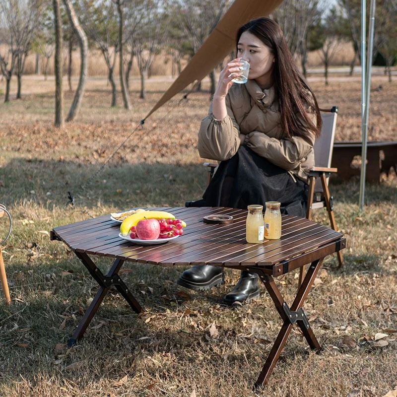 Camping folding table Portable pine self-driving tour Leisure camping Octagonal table Mountain picnic Egg roll table Solid wood