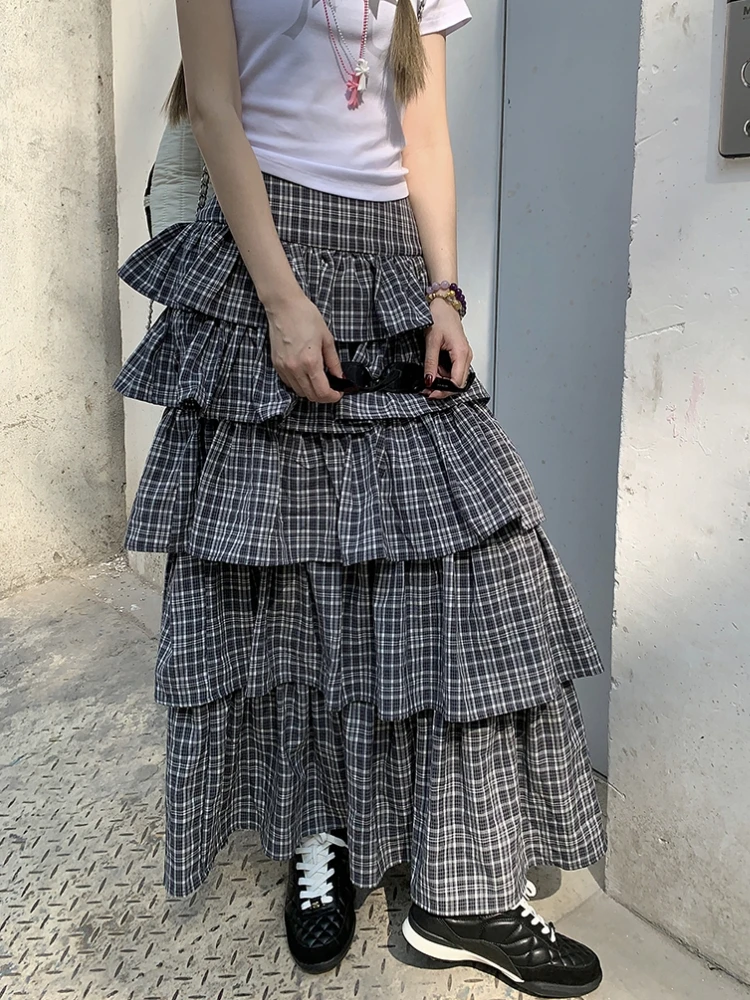 Long Skirt Womens Plaid Skirt 2024 Goth Lolita Spring Summer High Waist High Low Layer Ruched Ruffle Ball Gown Skirts rok