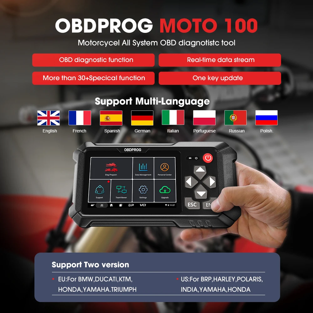 OBDPROG MOTO 100 Full System Motorcycle Scanner Diagnosis ECU Coding 5000+ Motorcycle Models Coverage Auto Motorcycle Analysis