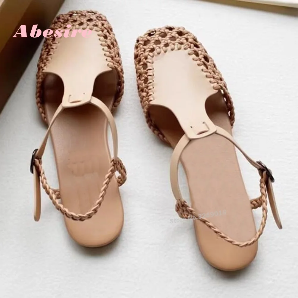 Genuine Leather Retro Flat Shoes Square Toe Bottomed Mary Jane Woven Sandals for Women 's Summer Roman Shoes Buckle Ankle Strap