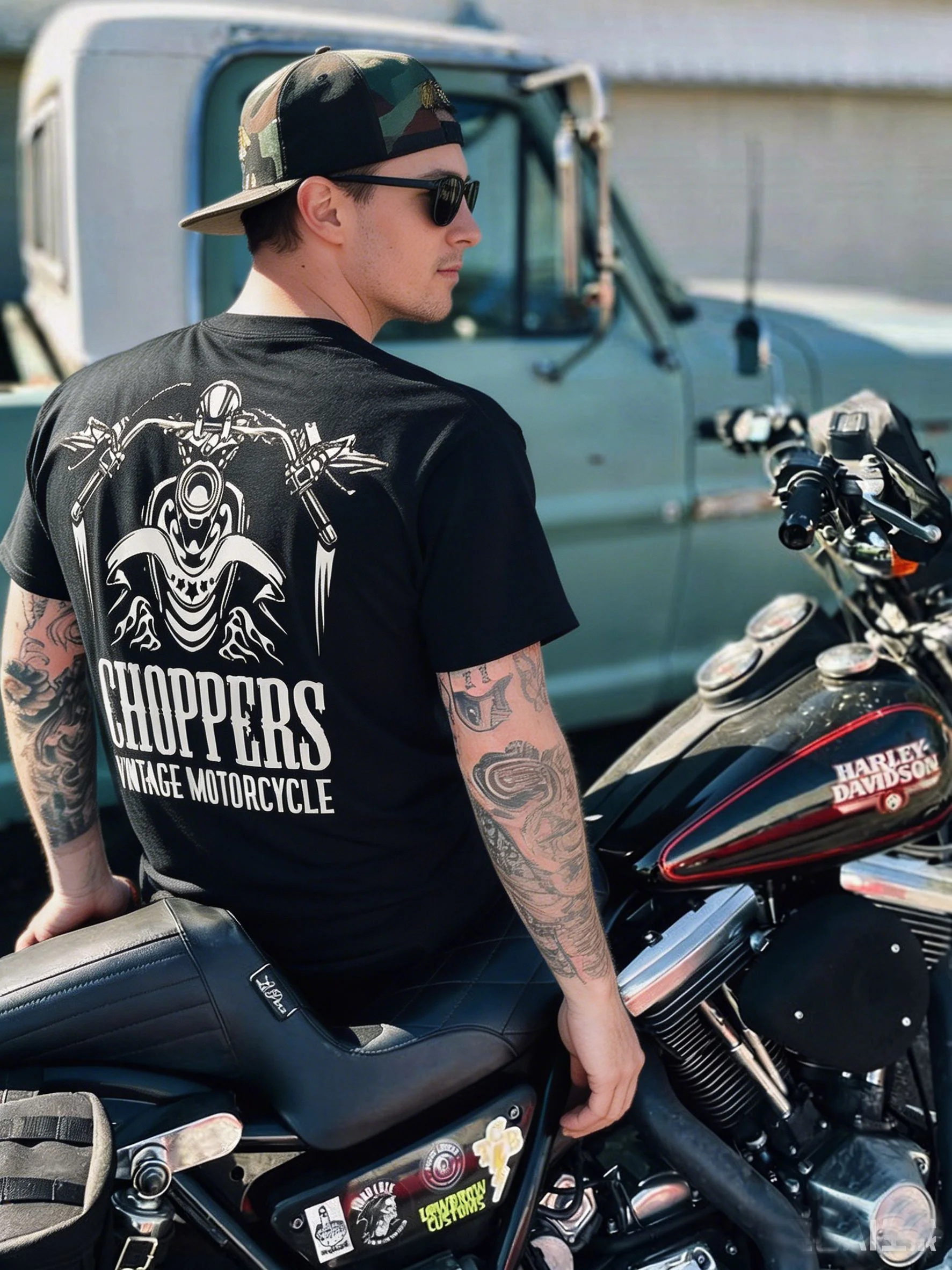 Black Pure Cotton Loose Short Sleeve round Neck T-Shirt Men's Summer Moto Print Base Shirt Trendy Comfortable Sweat Absorbent