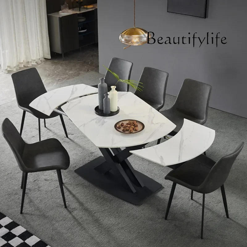 

Italian minimalist light luxury multi-functional rock slab dining table combination size rectangular telescopic rotating