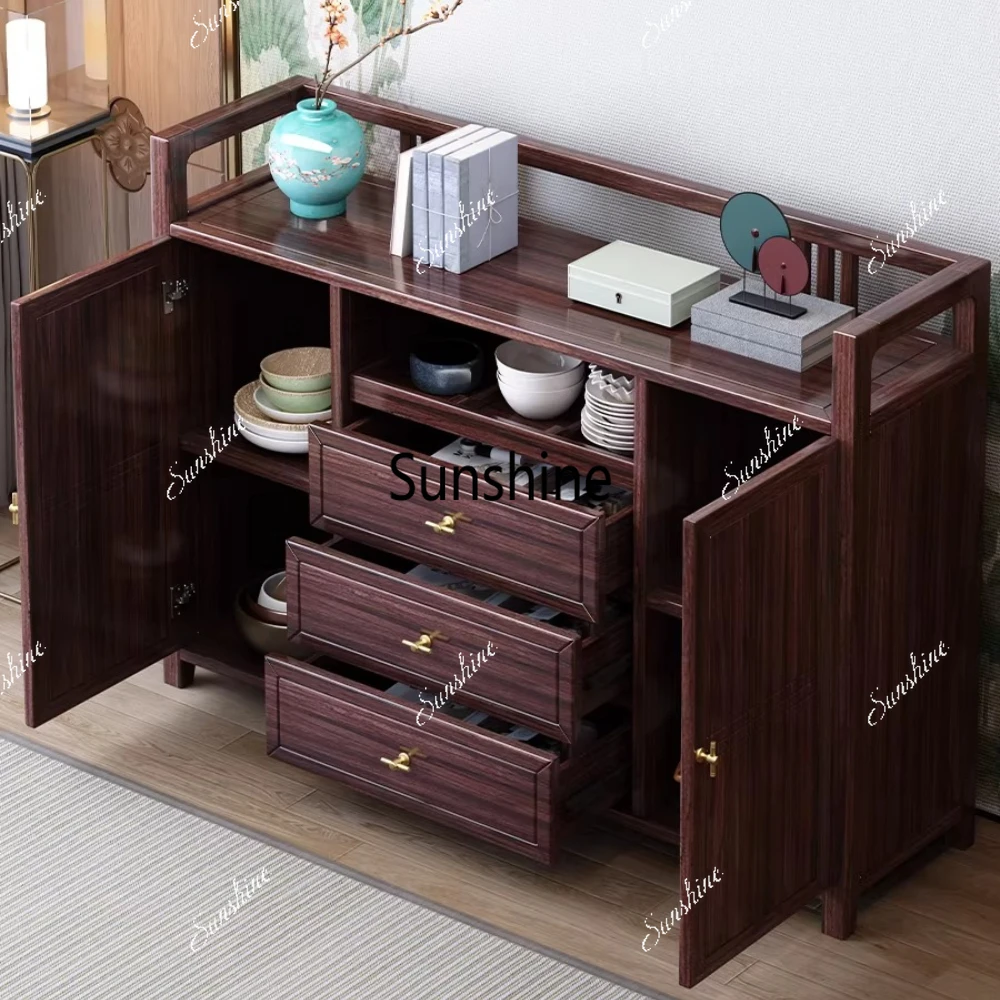Solid wood two-door dining side cabinet integrated against the wall New Chinese light luxury restaurant tableware cabinet