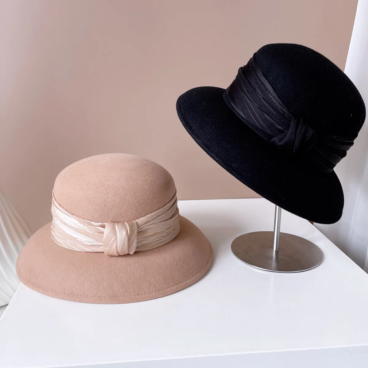 100% French vintage wool lampshade hat Ladies fashion pleated tulle bow top hat Elegant Hepburn style basin hat