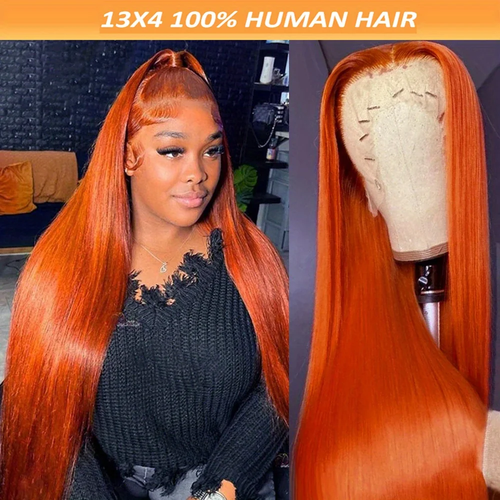 36 بوصة البرتقال الزنجبيل الدانتيل الجبهة الباروكات شعر الإنسان للنساء مستقيم 13x4 13x6 الدانتيل الباروكة الأمامية 350 الملونة قبل قطعها بيرو #4