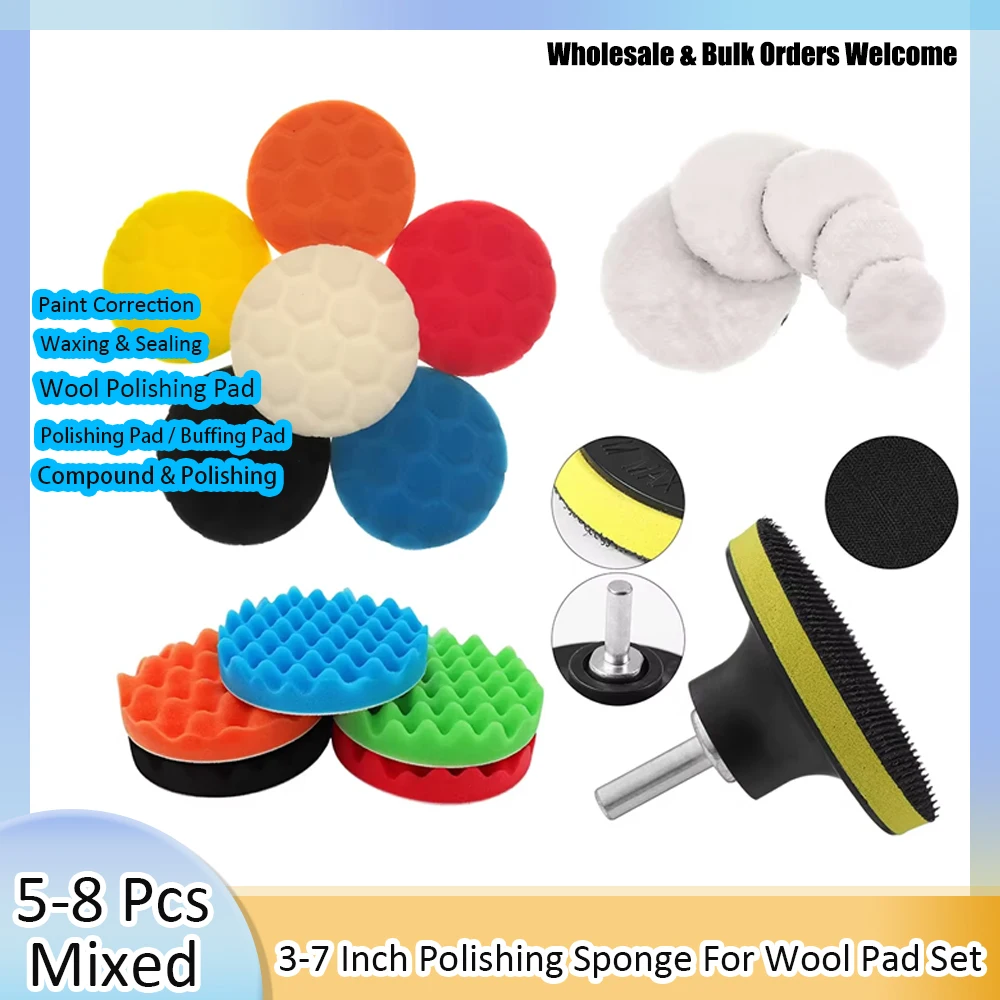 5-8 Pcs 3/4/5/6/7 Inch Car Polishing Sponge Pad Kit Wool Polishing with Backing Plate Drill Adapter for Auto Detailing Repair