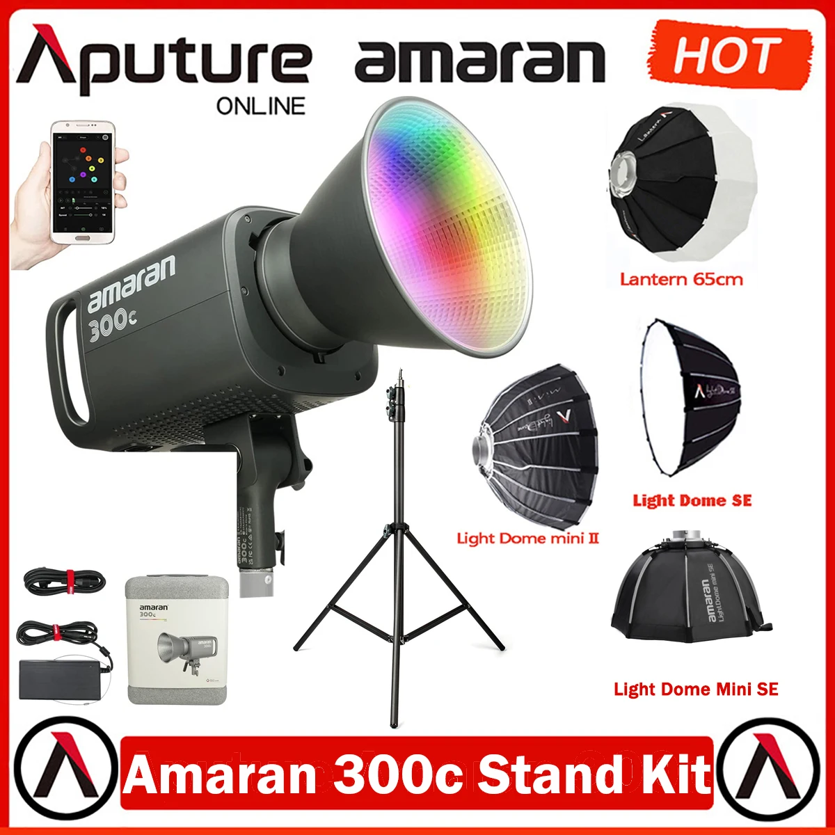 

Aputure Amaran 300c+Softbox+2M Stand Kit RGB COB Video Light Bowen Mount 2500K-7500K CCT with Hyper Reflector APP Control