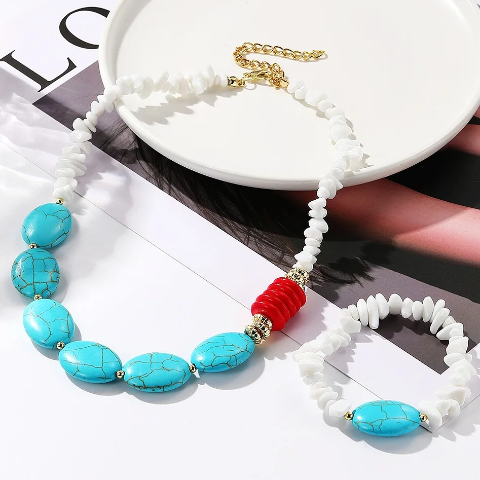 Two-piece Bracelet Necklace Bohemian Turquoise National Wind Jewelry Bracelet Exaggerated Retro Turquoise Necklace Bracelet Set