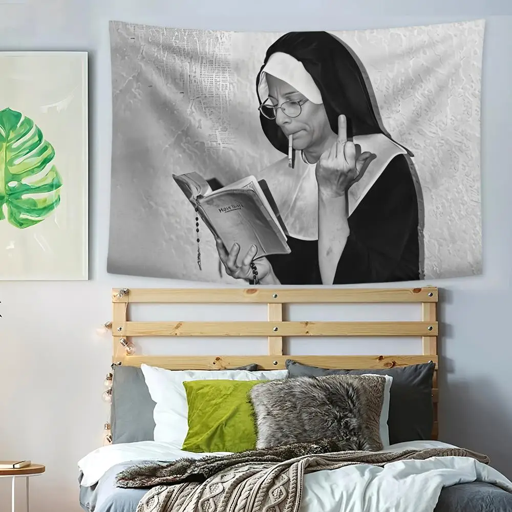 Nuns Smoking Black Funny Tapestry Bedroom Living Room Bar Party House Home Dorm Interior Wall Decor Background Banner