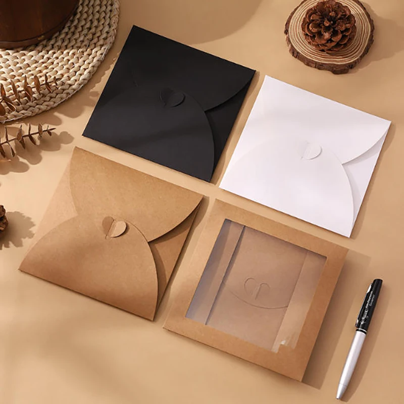 50Pcs Window  Kraft Paper Gift Card Envelopes with Heart Clasp 15x15cm Thank You Cards for Weddings Corporate Event