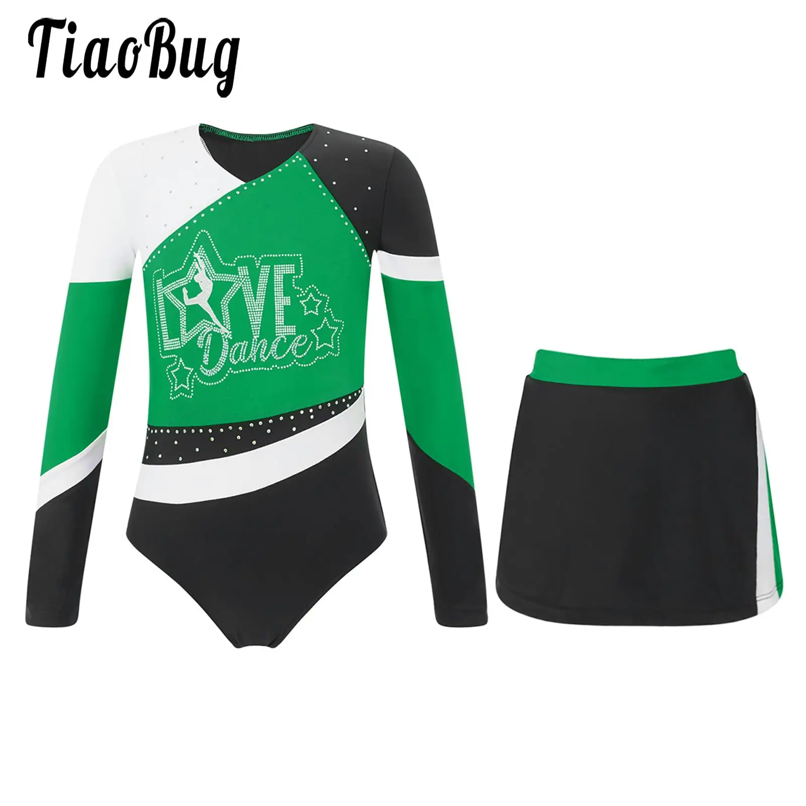 Kids Girls Gymnastic Suit Long Sleeve Shiny Leotards Bodysuit with Short Skirts 2pcs Dance Jersey Suit Cheerleader Sport Costume