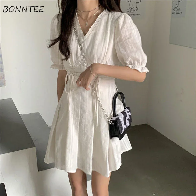 Dresses Women Pure Puff Sleeve Japanese Style Schoolgirls Sundress V-Neck Streetwear Casual Stylish Mini A-Line All-match Summer