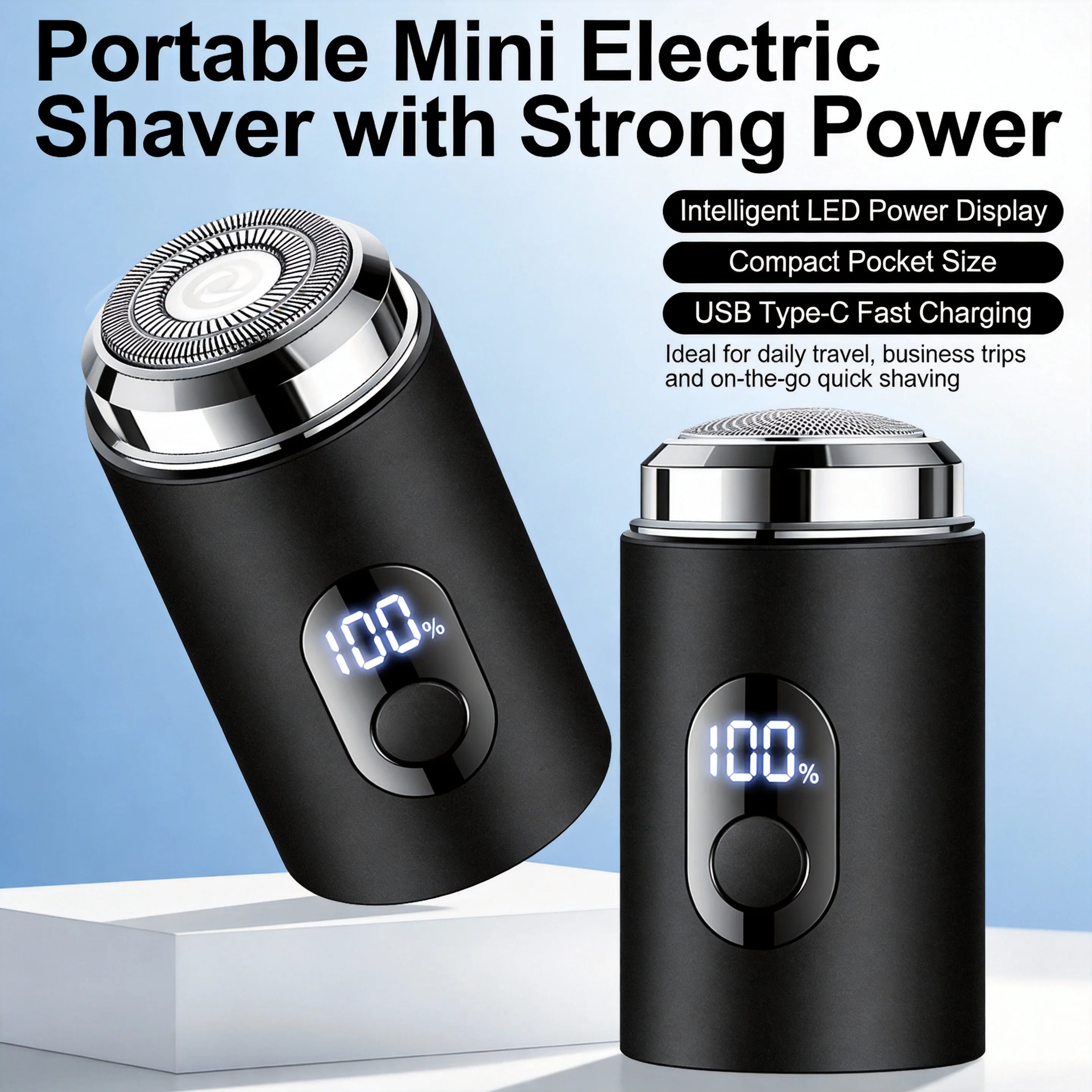 Mini Barbeador Elétrico Recarregável Tipo-C Portátil com Display LED para Uso a Seco e Molhado, Barbeador Automotivo para Homens e Mulheres, Uso Doméstico e em Viagens