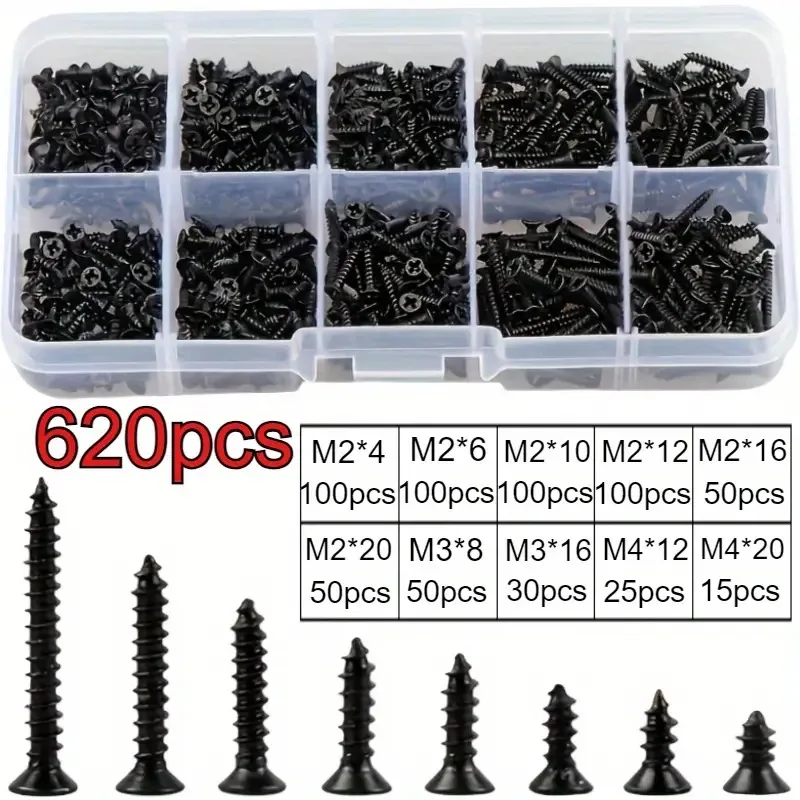 100/620 Black Cross Self-Tapping Screw Combination Set, Flat Head Self-Tapping Screw Size: M2-M4