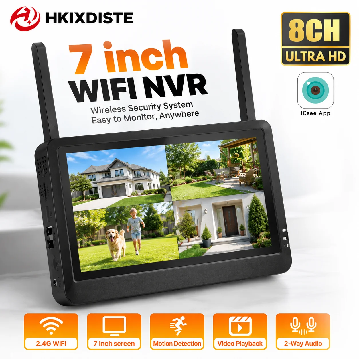 7Inch WiFi NVR Monitor 5MP 8CH 4K 4CH Wireless CCTV Security 2.4G Network Video Recorder Remote Monitor Playback Audio Detection