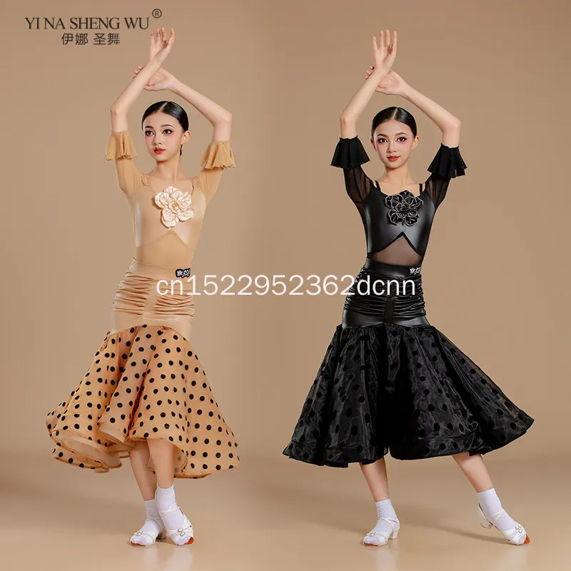 جديد قاعة الرقص دعوى الفتيات أداء قياسي الزي الرقص الحديث عرض مسرحي الملابس البولكا نقطة تنورة رقص سوداء مجموعة