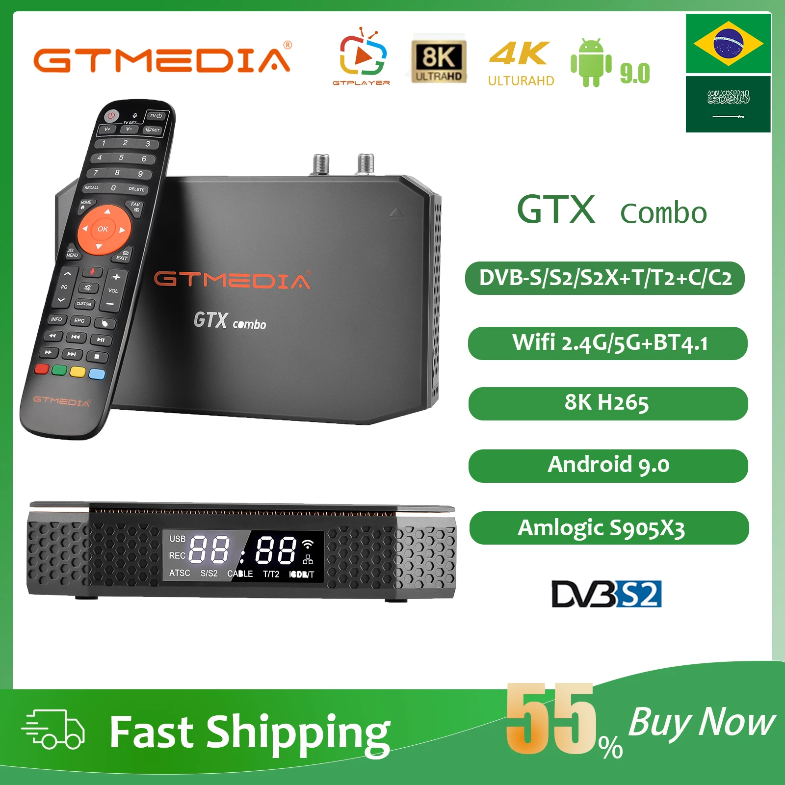 

GTMEDIA GTX COMBO 4K 8K UHD Android 9.0 Satellite Receiver,DVB-S2/T2/C 2G+32G,Support m3u cam CA Cards Slot Bluetooth 4.1 5GWIFI
