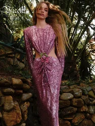 VC Glitter Sequins Sexy Dress Woman Backless Beautiful Flowered Design Long Sleeve Bodycon Maxi Cocktail Party Dress