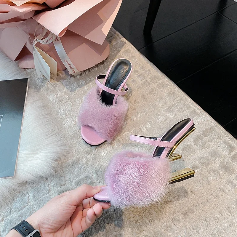 2024 New Mink Hair Sandals for Women with Fish Mouth and Irregular Heel Slippers for Women with Fur and Fur High Heels