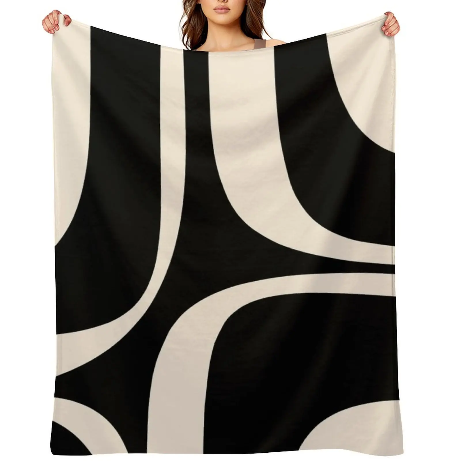 

Retro Groove Abstract Minimal Pattern Black and Almond Cream Throw Blanket halloween Cute Moving Blankets