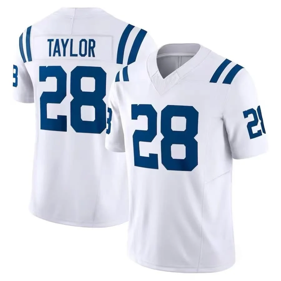 Herren # 28 Taylor American-Football-Trikot V-Ausschnitt Kurzarm Sport-Oberteil mit Name und Nummer Fan-Uniform Blau Weiß Familien-Set – Detail 3