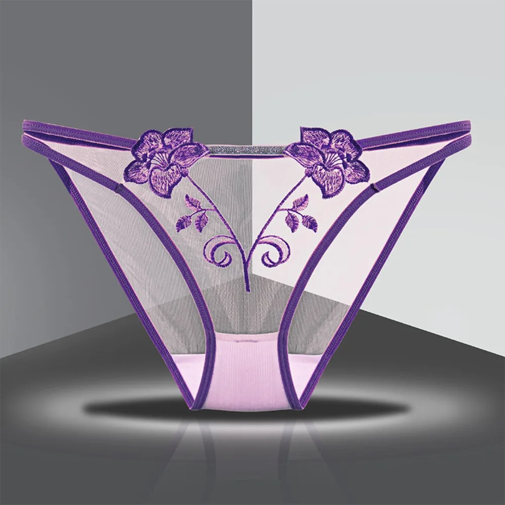 ملابس داخلية نسائية مجوفة مطرزة بالزهور من القطن وحزام رفيع وسط الخصر وشبكة ملابس داخلية بلون واحد #1