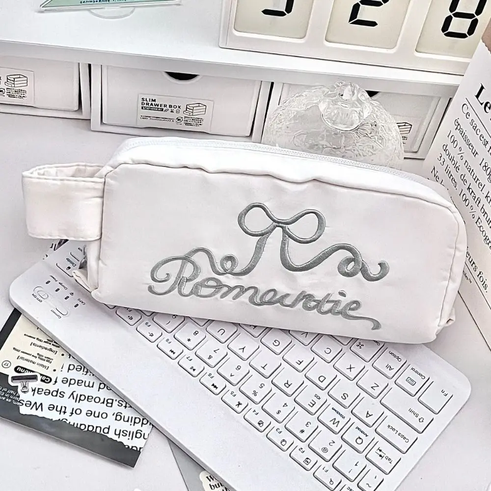 Portable Canvas Pen Bag Bow Embroidery Back To School Gift Stationery Bag Large Capacity Pencil Case Student
