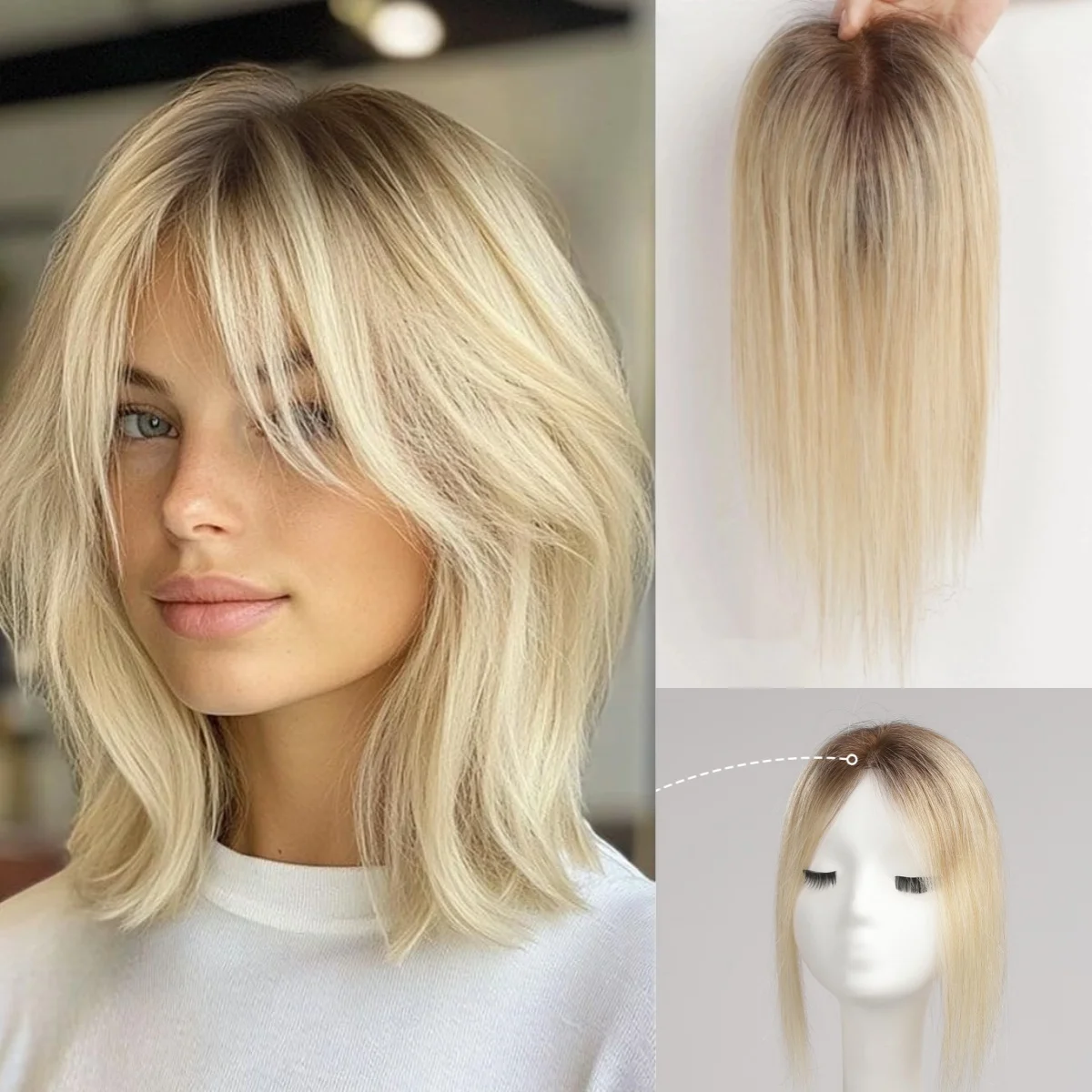 Human Hair Toppers Clips in Blonde Ombre Brown Lace Base Hairpieces Middle Part Remy Human Hair Extensions for Women 12 Inch