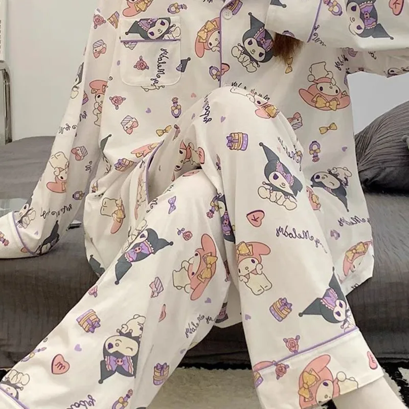 New Sanrio Kuromi Pajamas Melody Women Spring Cute Korean Fashion Print Long Sleeve Sleepwear Cartoon Pajama Set Home Clothe Y2k