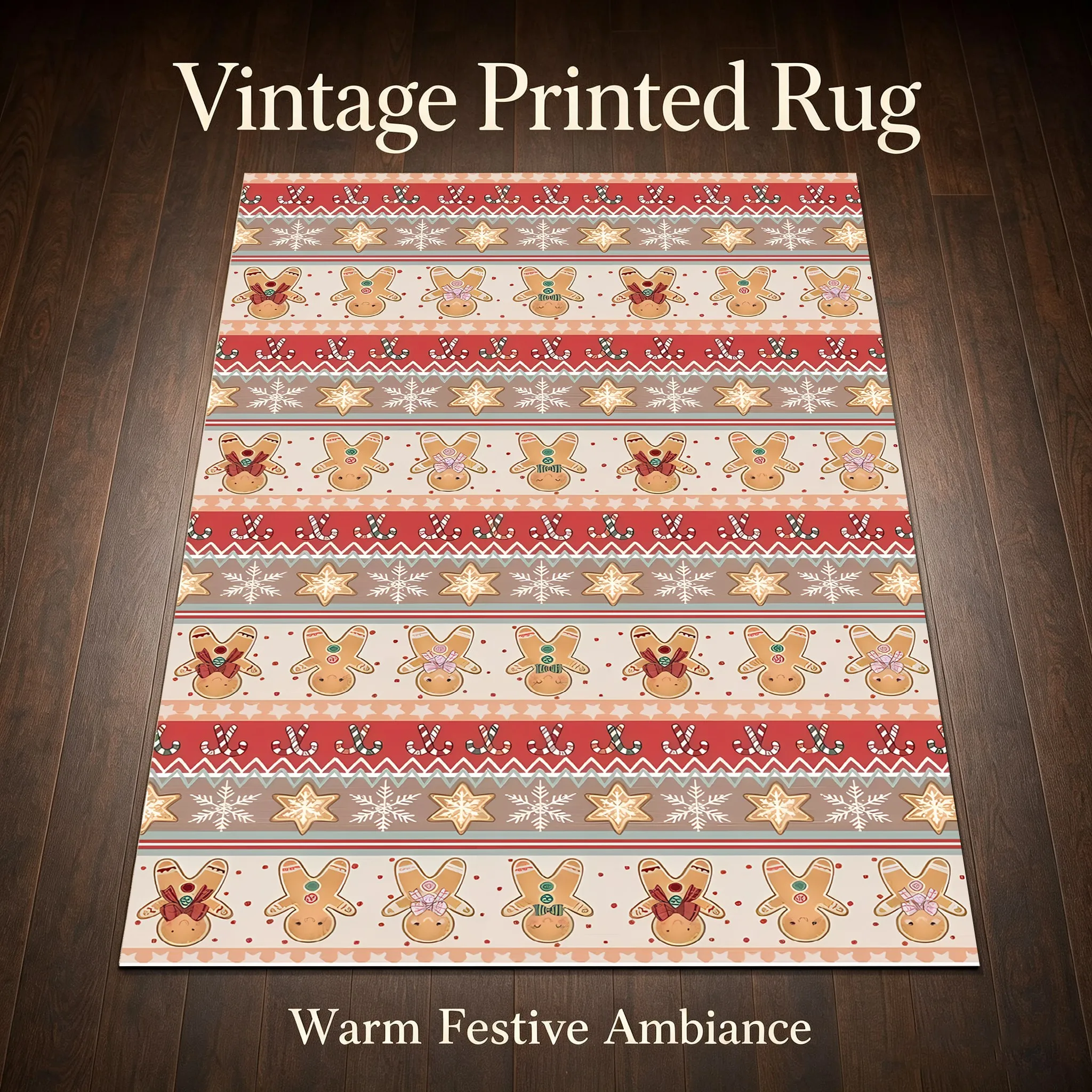 Gingerbread Man Fair Isle Striped Retro Playful Christmas Style Velvet Rug for Living Room, Bedroom, Bedside, Warm and Soothing Autumn and Winter Furniture